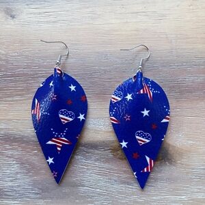 Pair Red White & Blue heart Star Flag Earrings Tear Drop ear rings American